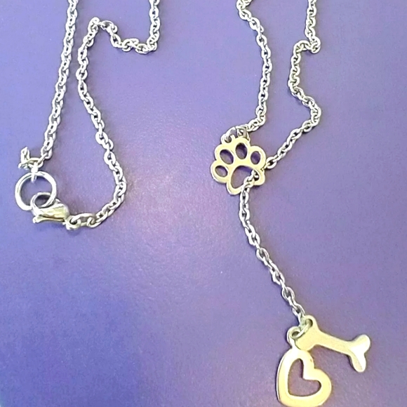 Paw Print Pet Love Dangle Drop Dog Bone Charm Heart Pendant SS Silver Necklace - Picture 3 of 3